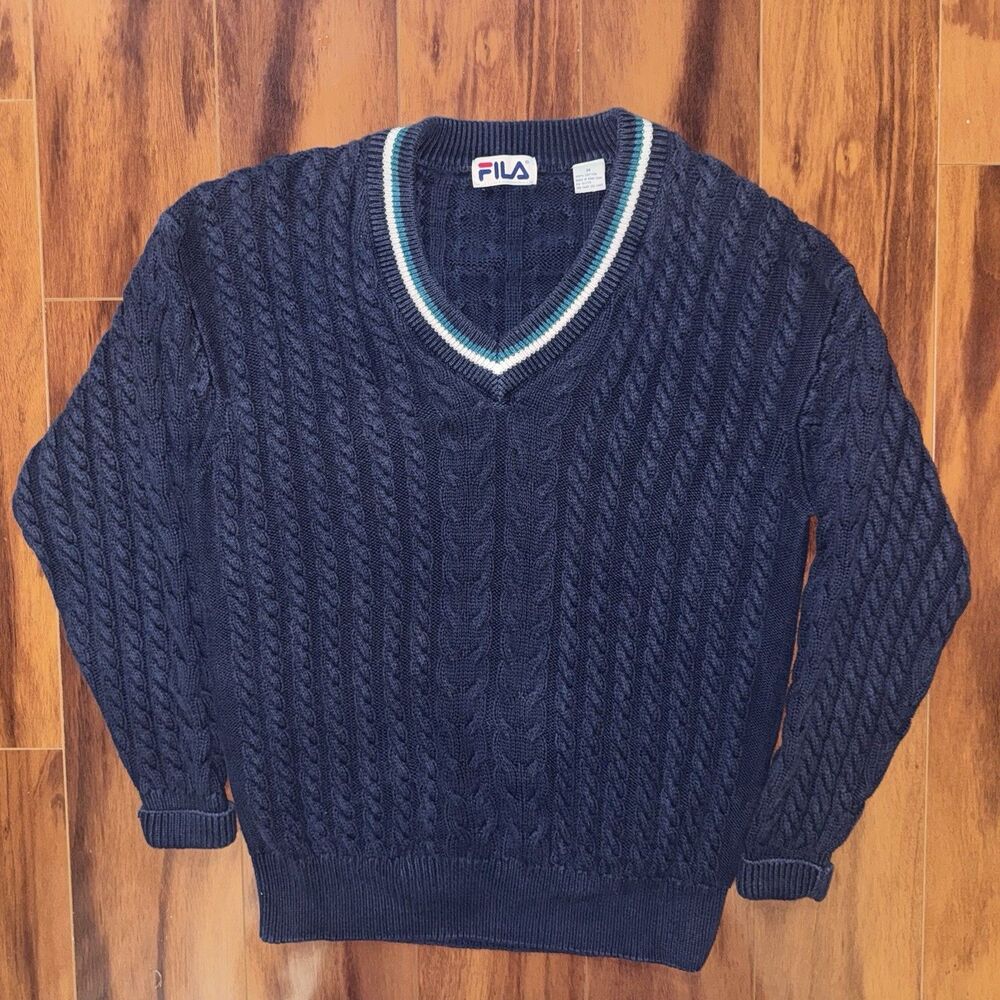 Vintage FILA Cable Knit Sweater Mens M Navy Blue V Neck Tennis 90s Hong Kong